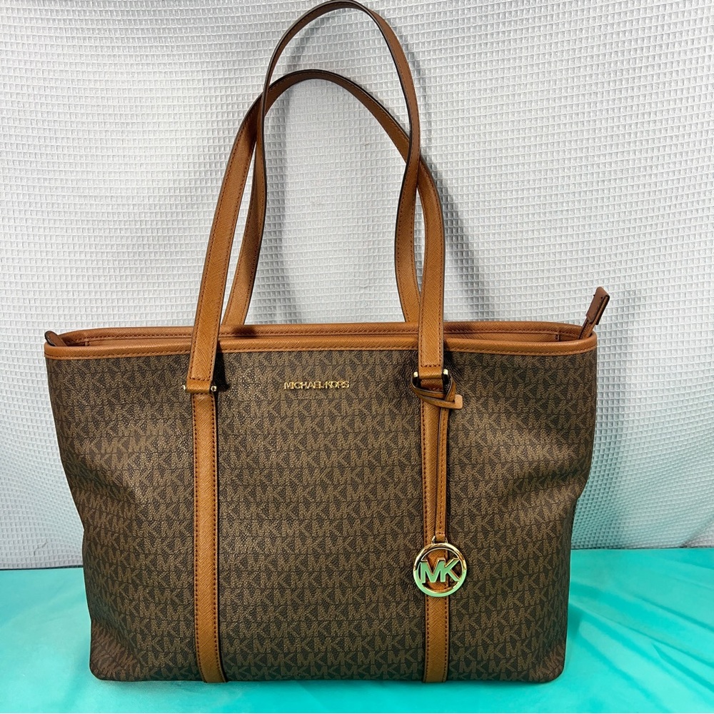 MICHAEL Michael Kors Brown Monogram Tote with Tan Trim